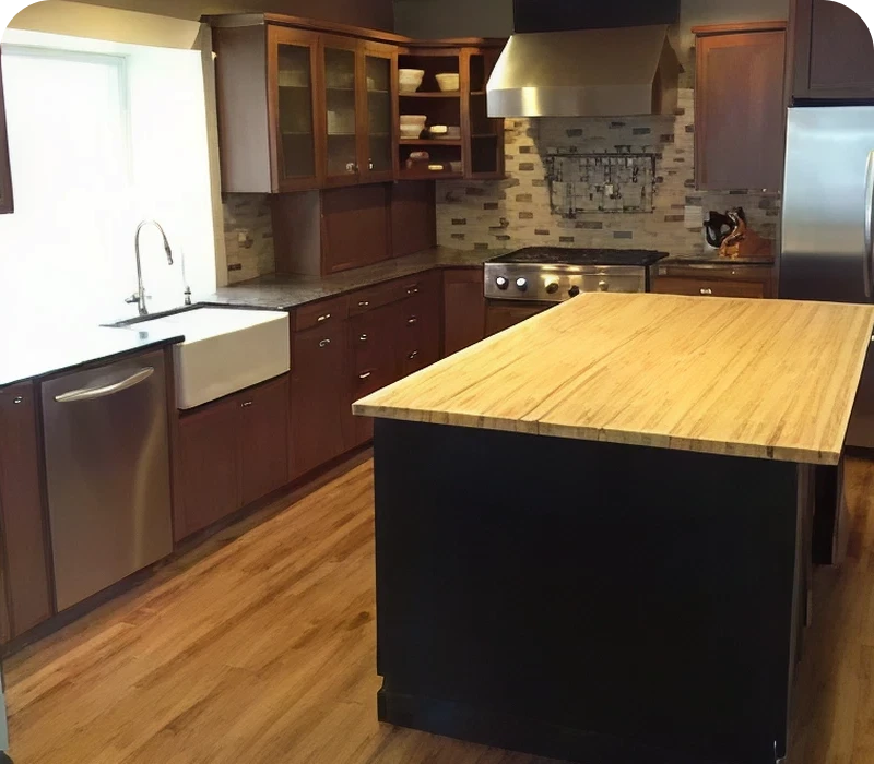 Spacious kitchen with dark wood cabinets
